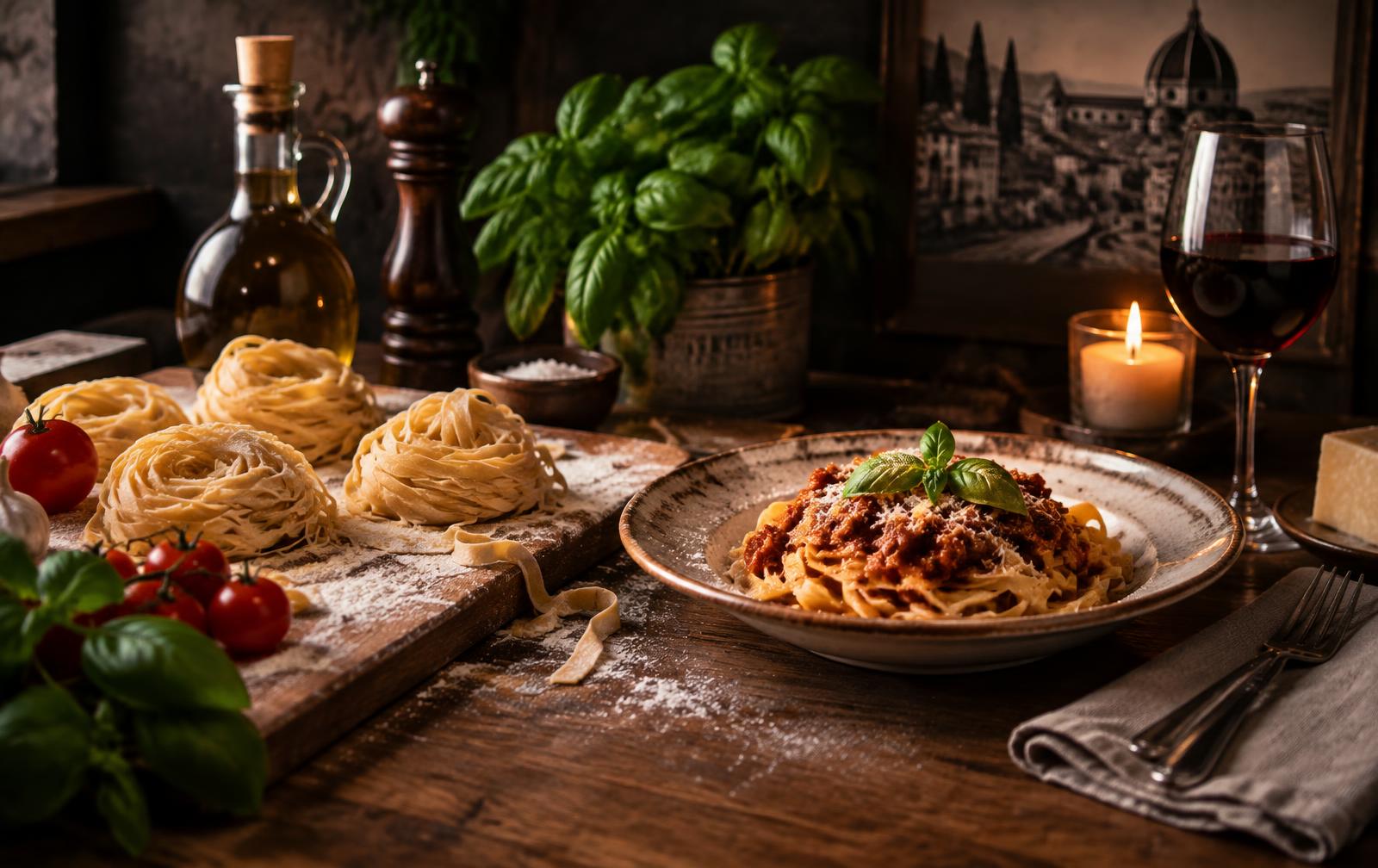 Fresh handmade Italian pasta and tagliatelle bolognese on a rustic table